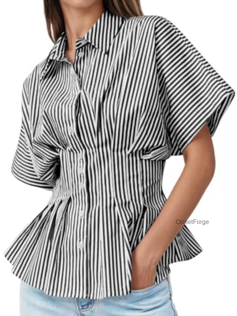 Women's Striped Peplum Blouse - Casual Button Down Shirt